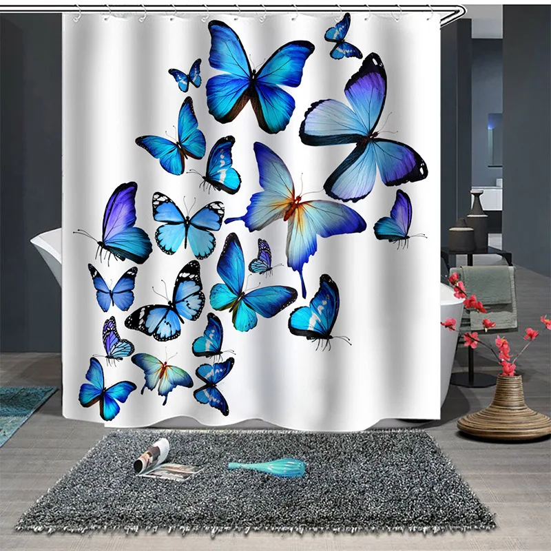 

Digital Butterfly and flower Bath Curtain Polyester Waterproof Individuality Bathroom Partition Curtain Bathroom Shower Curtain