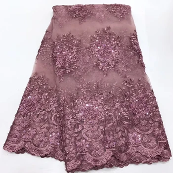

French Nigerian Lace Fabric 2020 Latest High Quality Mesh Tulle African Lace Fabric Pink Hand Work Beaded Lace For Party KJY9056