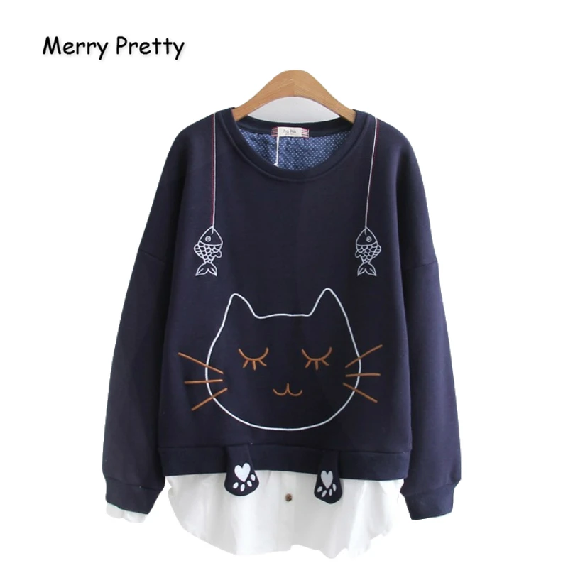Merry Pretty, хлопковые женские толстовки с вышитым мультяшным котом из кусков, толстовки, зимний плотный спортивный костюм с длинным рукавом и круглым вырезом
