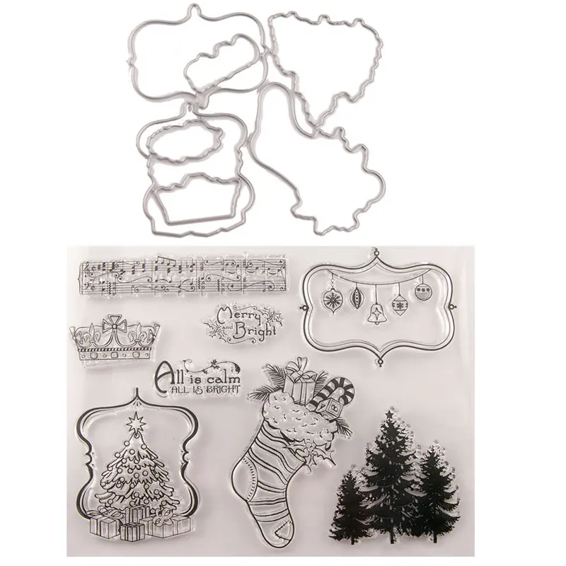 Рождественские штампы с штампами носок колокольчик Металл режущая штампы прозрачный Штамп Дерево штамп и штамп набор для DIY бумажные карточки для скрапбукинга