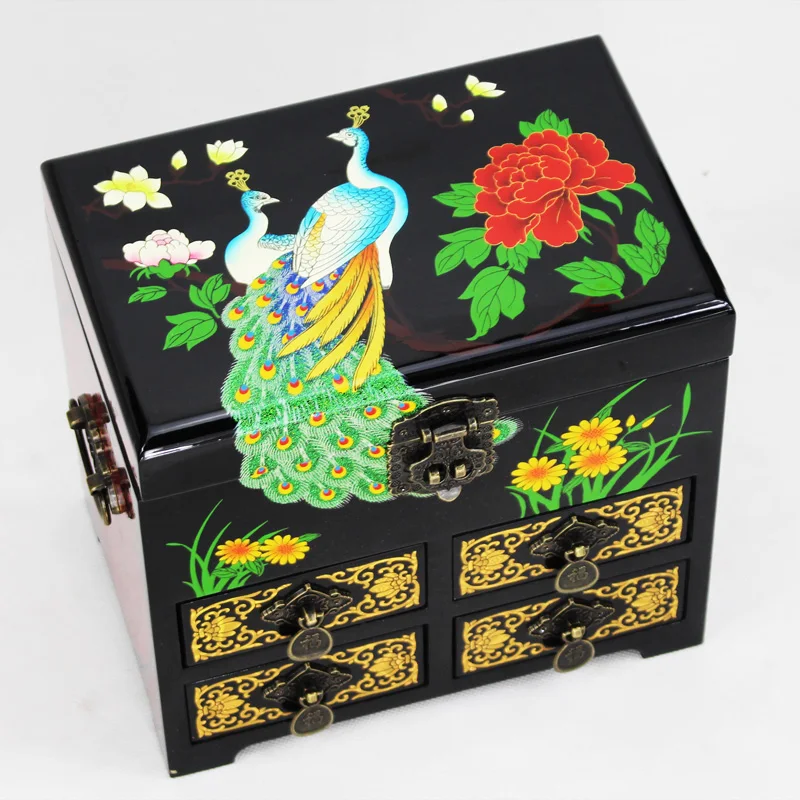 

Large 4 layer Decorative Wooden Jewelry Box with Drawers Lock Chinese Lacquerware Box Watch Makeup Storage Box Wedding Gift