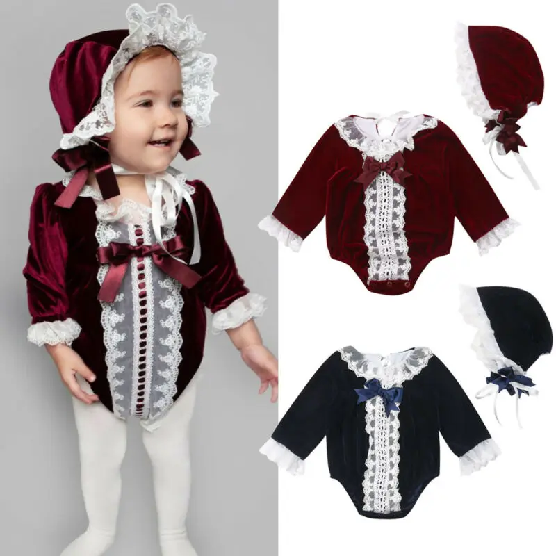 

New Princess Newborn Baby Girls Long Sleeve Velvet Romper Vintage Lace Bow Jumpsuit Beanie Hat Infant Baby 2Pcs Clothes Outfits