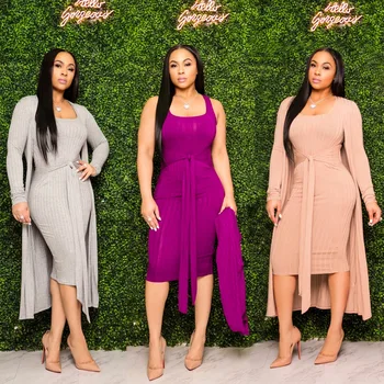 

2020 Autumn Women Two Piece Set Fashion Knitted Long Cardigan Sweatshirt Bodycon Dress Suit Female Rib Elegant Metching Clothes