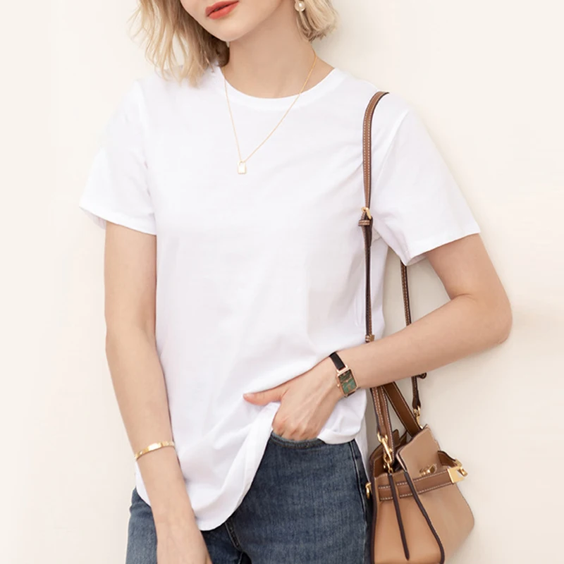 100% cotton Loose Casual Summer Short Sleeve Female T shirt Women Asymmetric O-neck Tee Tops M30326 2