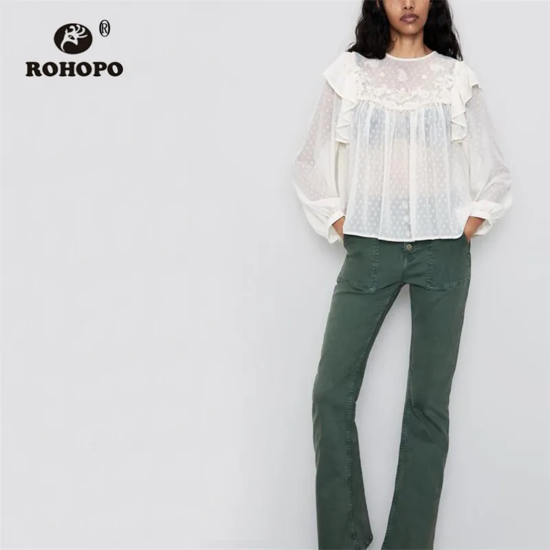 

ROHOPO Butterfly Long Sleeve Polk Dot Embroidery Floral Pleated Hem Chiffon Blouse Semi Transparent Round Collar Top Shirt #9357