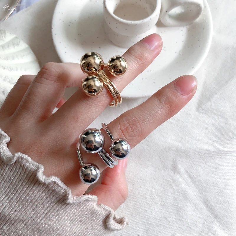 Gold Color Rings Gold Color Ring Silver Ring Opening Ring Adjustable Rings Finger Ring Exaggerated Metal Ball Rings For Women Punk Girl Hip Hop Harajuku Gold Silver Color Open Ring Charm Jewelry Accessories Gifts