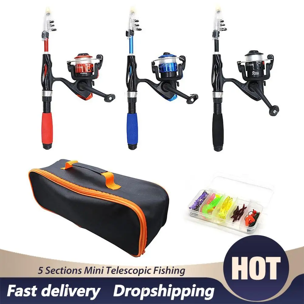 Mini Telescopic Fishing Pole 5 Sections with Reel Bait Box Portable
