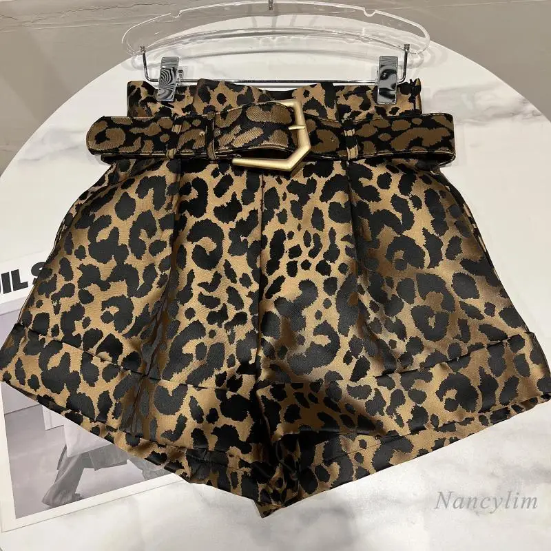 Leopard Shorts Women 2021 Winter New Belt High Waist Wide Leg Short Femme Casual All-Match Lady Outfits Nancylim