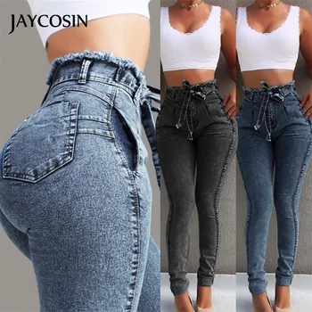 

JAYCOSIN Jeans For Women Elastic Butto Tassel Loose Slim Denim Casual Small Feet Slim Fit Women's Pants Bandage Skinny Trousers