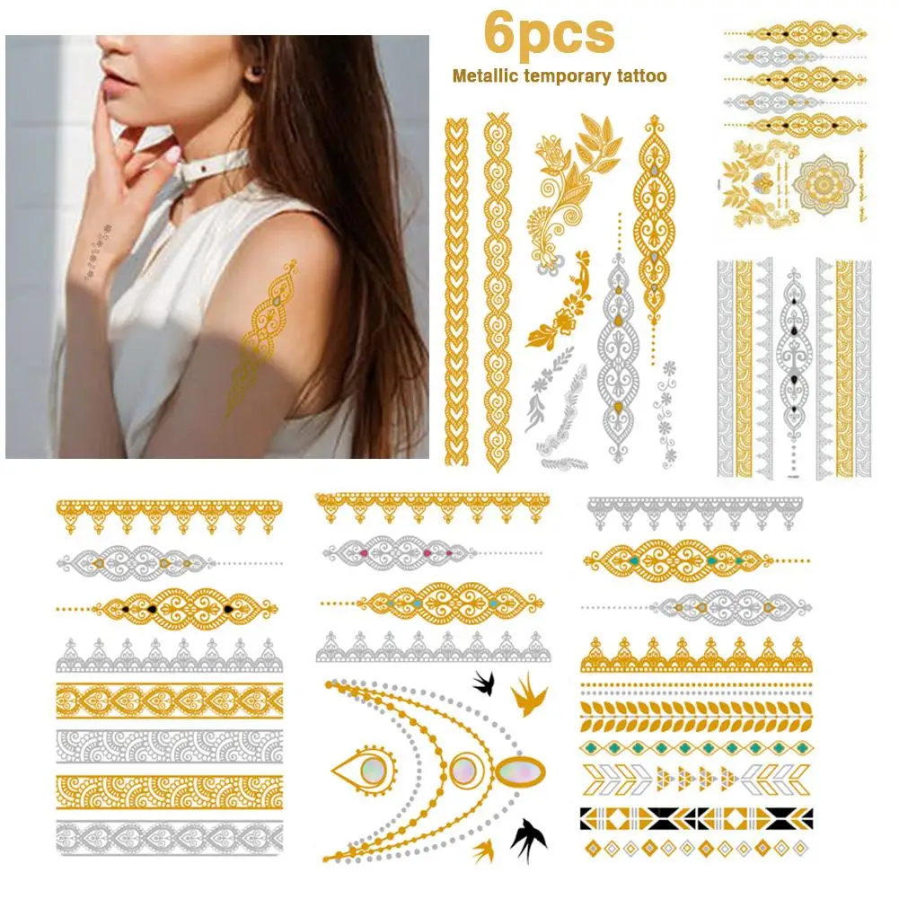 

Golden Metallic Bracelet Temporary Tattoo Henna Mandala Flower Girl Tattoo Stickers Indian Chain Women Arm Flash Fake Tatoos Leg