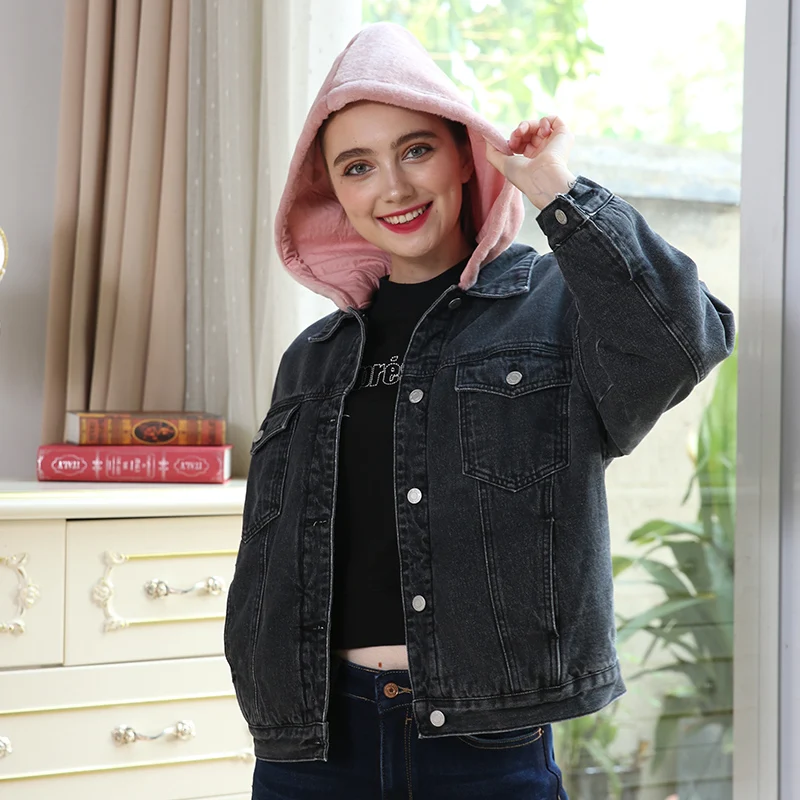 Женская джинсовая куртка с начесом LEIJIJEANS, теплая стильная куртка с розовым капюшоном, новая молодежная модель 9226R большого размера на зиму