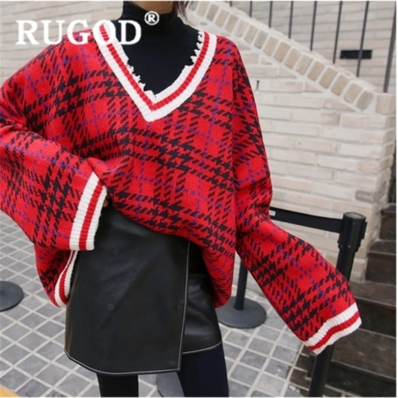 RUGOD женский клетчатый свитер, пуловер, v-образный вырез, отверстие, тонкий, плюс размер, свитер, зимний модный женский элегантный вязаный свитер modis