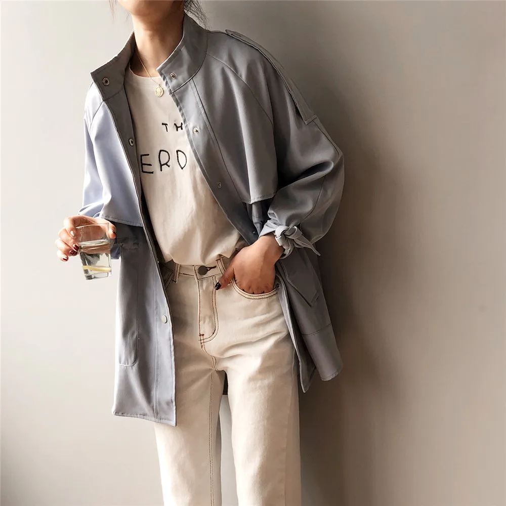 Vintage Autumn trench Coat 2019 Korean Style  Single Breasted Mid-long Trench Coat Mujer Loose large size Windbreak Outwear 0241 (11)