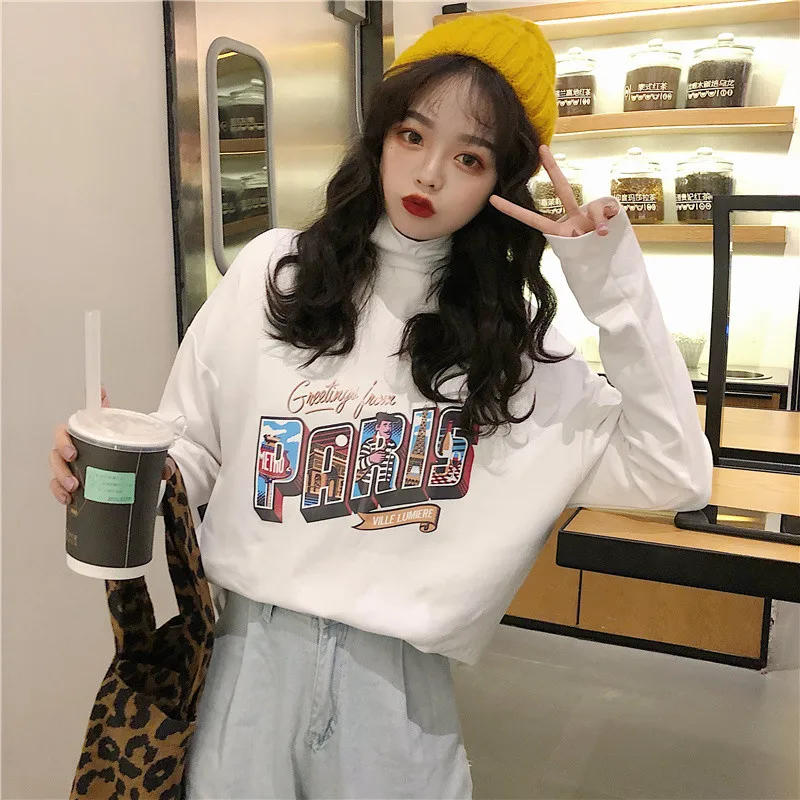 Весна Свободный дикий Harajuku стиль водолазка Мультфильм Алфавит облегающая блузка с длинным рукавом Футболка куртка для женщин