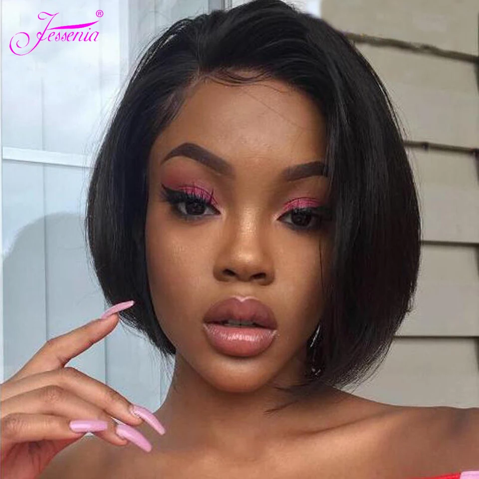 

Jessenia Straight short 100% Human Hair Lace Front Wig 13X3 Pixie Cut Wig Brazilian Bob Remy Hair Transparent Wig 150% Density