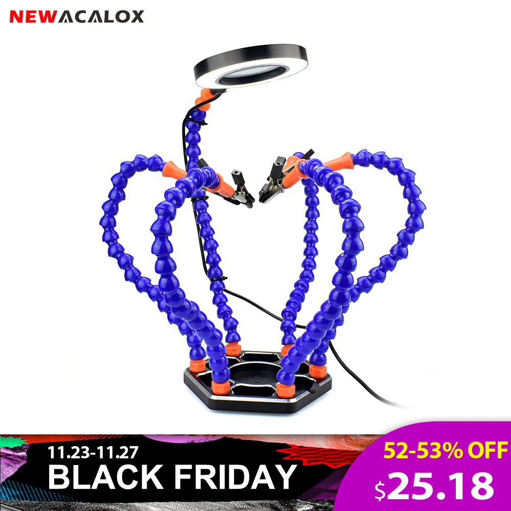 

NEWACALOX Third Hand Soldering PCB Holder Tool Six Arms Helping Hands Crafts Repair Helping Welding Station 3X USB LED Magnifier