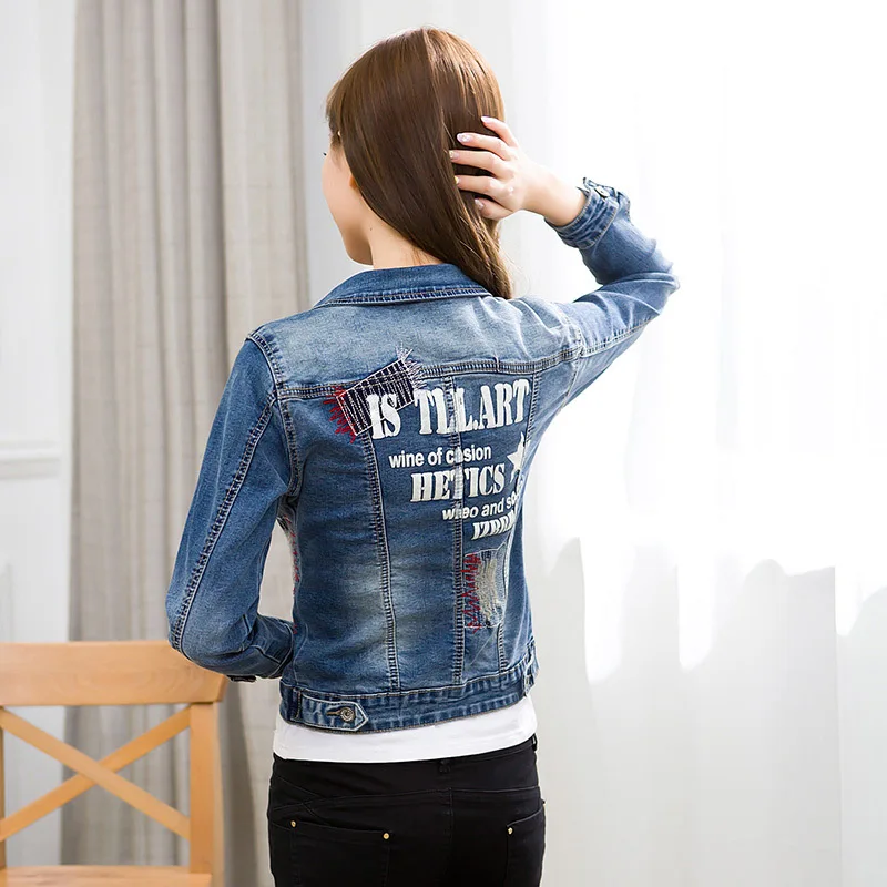 

Four Seasons Paragraph Slim Fit Vintage Jeans Coat Women's Top Grade Denim Jacket Fashion Printed Large Size Long-sleeved Upper
