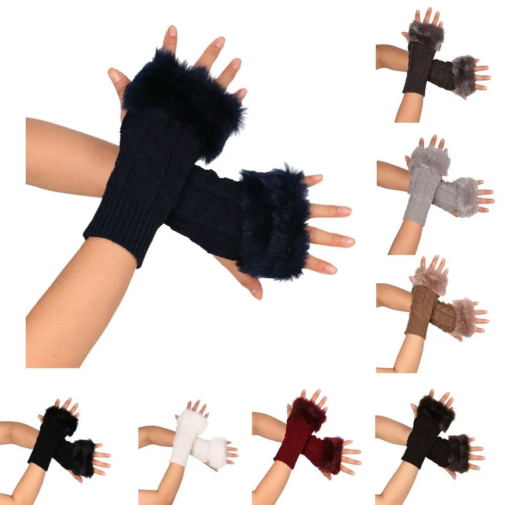 Женские вязаные перчатки без пальцев, женские теплые меховые рукавицы, женские зимние перчатки для спорта на открытом воздухе# BL5