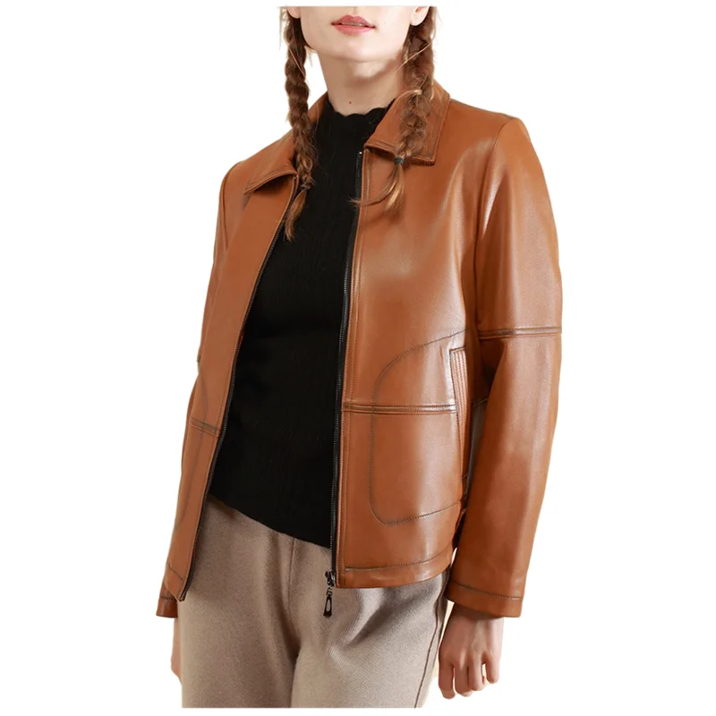 цена Women's Short Frosted Genuine Leather Jacket, Sheepskin Coat, Large Size, Spring and Autumn