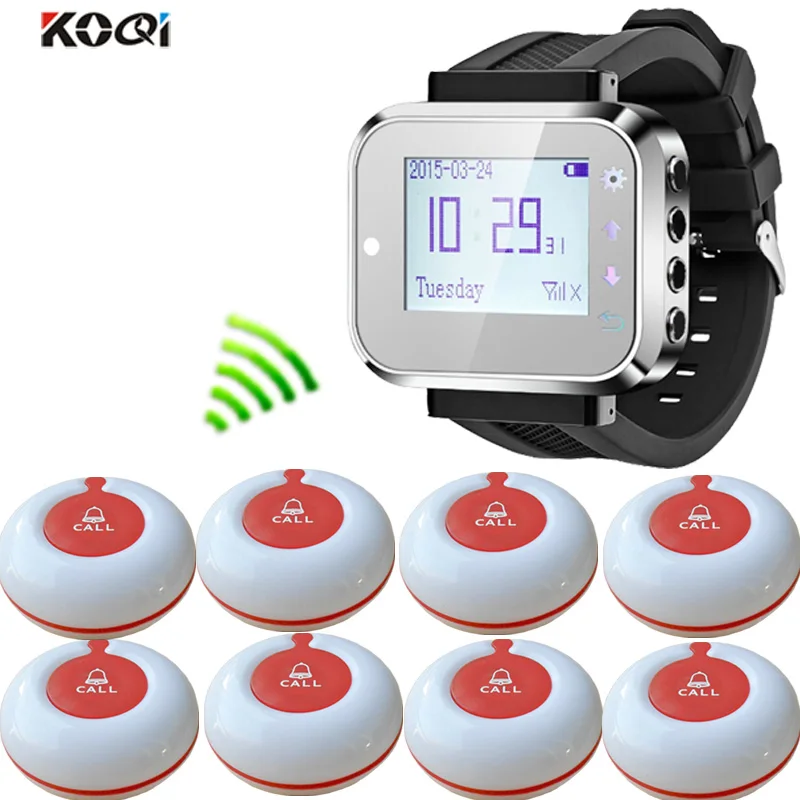 

Wireless Supermarket Bank Service Paging Calling System wireless call button system 1 Watch Receiver and Bells Buttons
