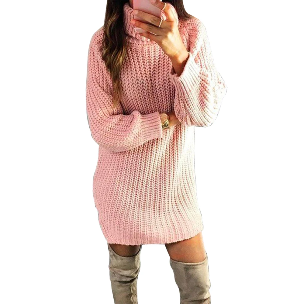 Повседневный свободный осенний зимний свитер с высоким воротом, Женские однотонные вязаные свитера, теплый пуловер с длинным рукавом, свитер, черный, розовый - Цвет: pink
