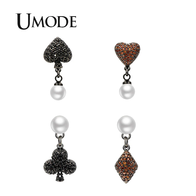 UMODE модные креативные серьги-гвоздики в виде покера для женщин, маленькие асимметричные серьги с красным сердцем и квадратным жемчугом, корейские ювелирные изделия UE0569