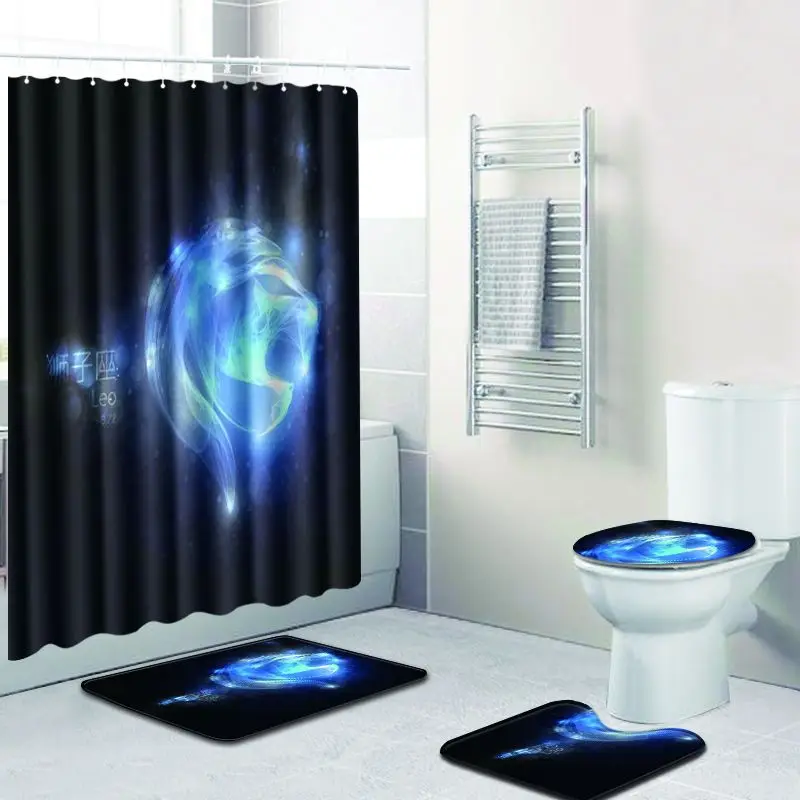 

4pcs/set Pattern Shower Curtain Set Polyester Waterproof Bath Curtain Modern Non-slip Bath Mat Washable Toilet Seat Cover Pad