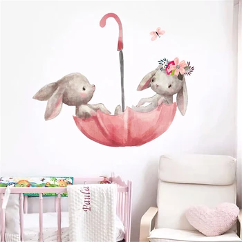 

Cute Wall Stickers Grey Bunny Ballet Rabbit For Kids Room Cat Baby Nursery Wall Decals Pink Flower For Girl Room Home Decor