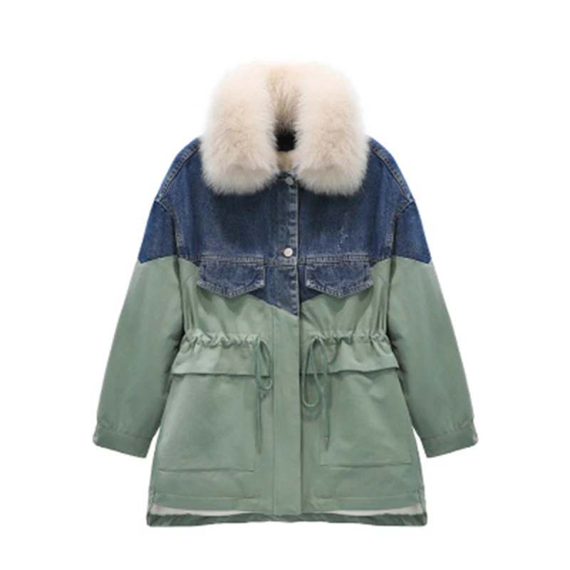 

Women's coats hooded cotton jackets padded plus velvet denim loose tops large fur collar outwear casual wild warm coat