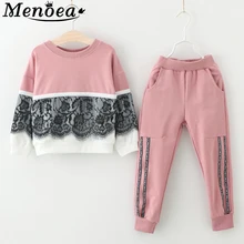 Menoea Children Autumn Suits New Style Girls Sports Clothes Sets 2pcs Lace Design Splice Pink Pants Clothes Sets Kids