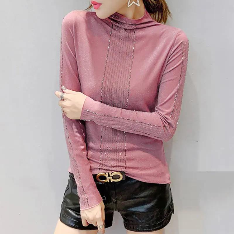 Алмазные Бархатные пуловеры женские топы зимняя водолазка футболка женская мода Harajuku яркая шелковая Футболка женская 332 - Цвет: pink thin