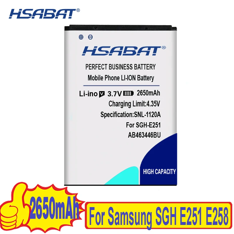Аккумулятор HSABAT 2650 мАч AB463446BU для Samsung SGH E251 E258 E350 E428 E500 E900 M620 C512 X208 1258 1250 C3300K B189 B309 |