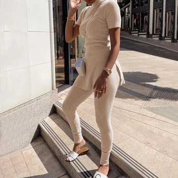 

2020 Spring Knitted 2 pieces Set Tracksuits Women Sexy O-Neck Slim Short Sleeves Tops Long Pencil Pants Jogger Sports Suit