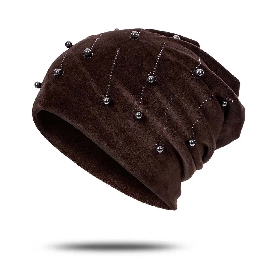 Winter Woman Hat Suede Soft beanie Hat for Women Solid Color Pearl Fashion Winter Warm Hat