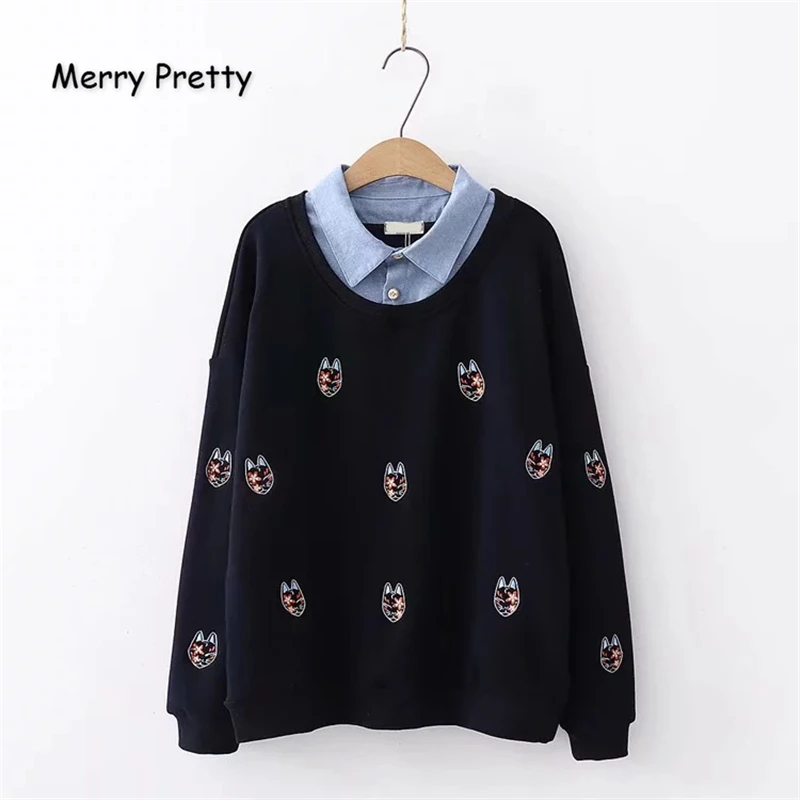 Merry Pretty, женские толстовки с мультяшной вышивкой, толстовки, Зимние толстовки с длинным рукавом и отложным воротником, женские повседневные Пуловеры
