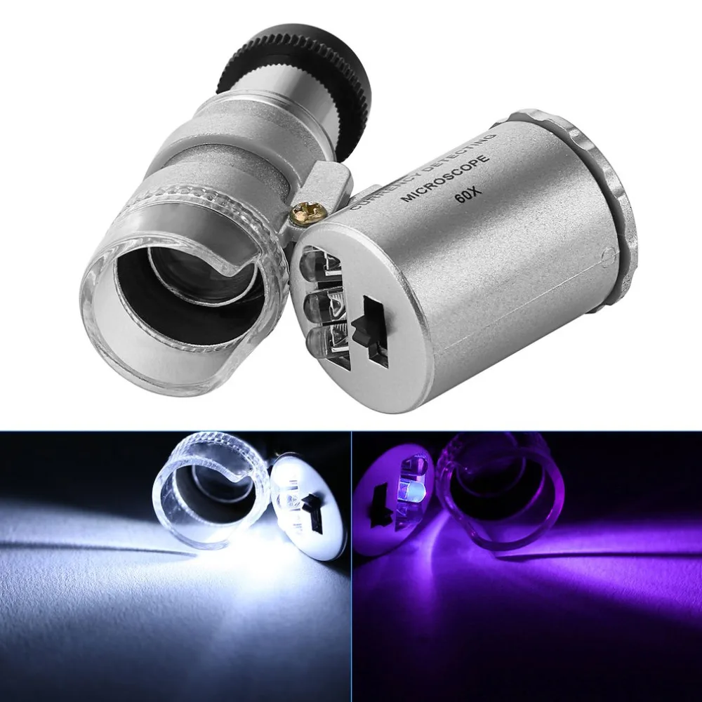 Mini Portable 60X Currency Detecting Microscope  Handheld Money Tester Magnifier Loupe Glass LED Light UV Microscope