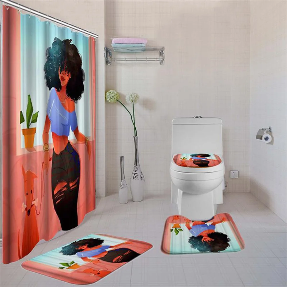 

Dafield Bath Mat And Shower Curtain Set with Non-slip Bathroom Toilet Lid Cover Bath Mat Cute Dogs Shower Curtains for Bathtub
