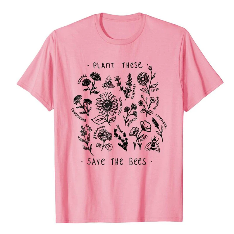Растение, эта женская футболка в стиле Харадзюку, Повседневная футболка с принтом «сохранить пчелы», хлопковые футболки с цветочным принтом, женская одежда унисекс, Прямая - Цвет: Pink