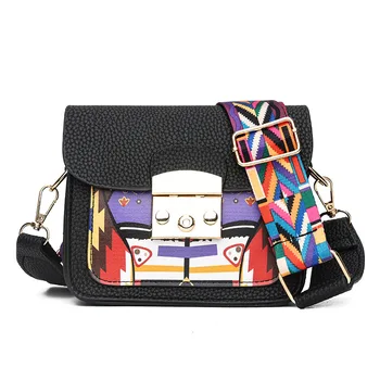 

Panelled Hard Pu Leather Women Shoulder Bag Colorful Wide Strap Crossbody Bags Fashion All-Match elegant Ladies Flap