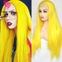 Модные женские желтый цвет кружева передние парики синтетические Glueless длинные волнистые часть половина руки завязанные Замена для Cos Вечерние