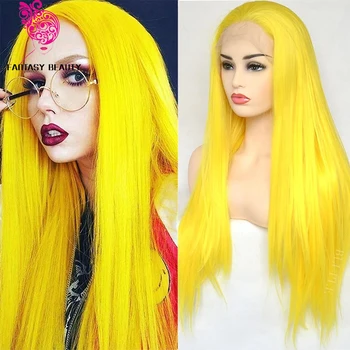 

Fashion Women's Yellow Color Lace Front Wigs Synthetic Glueless Long Wavy Free Part Half Hand Tied Replacement for Cos Party