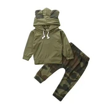 

0-24M Newborn Infant Baby Boy Girl Clothing Set Green Long Sleeve Hooded Tops + Camo Pant Autumn Spring Baby Clothes