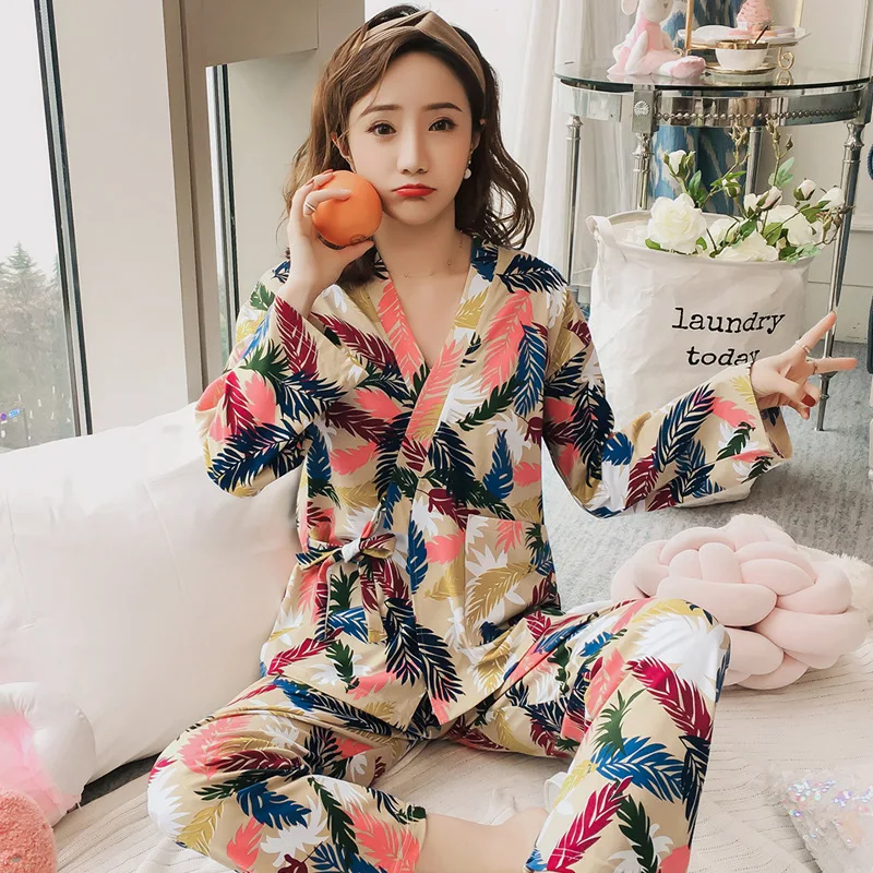

Spring New Style Japanese Style Kimono Pajamas Women's Spring And Autumn Long Sleeve Homewear Set 200g Qmilch