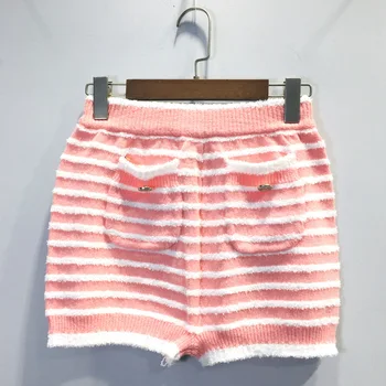 

2020 new summer short feminino wool mix women stripe high elastic knitted Shorts pocket Casual Button women shorts