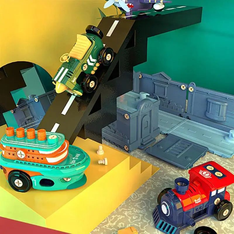 Los niños entrenan al juguete del coche diy desmontaje bloques de construcción del aeroplano del coche 