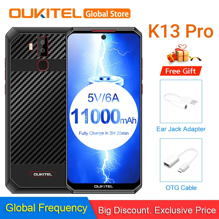 OUKITEL K13 Pro Android 9,0 6,4" 19,5: 9 MT6762 4 Гб 64 Гб 720*1560 смартфон 11000 мАч отпечатков пальцев 5 V/6A ОТА мобильного телефона