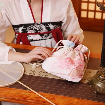 

Drawstring diagonal bag handmade cloth antique bag female handbag retro cotton and linen purse