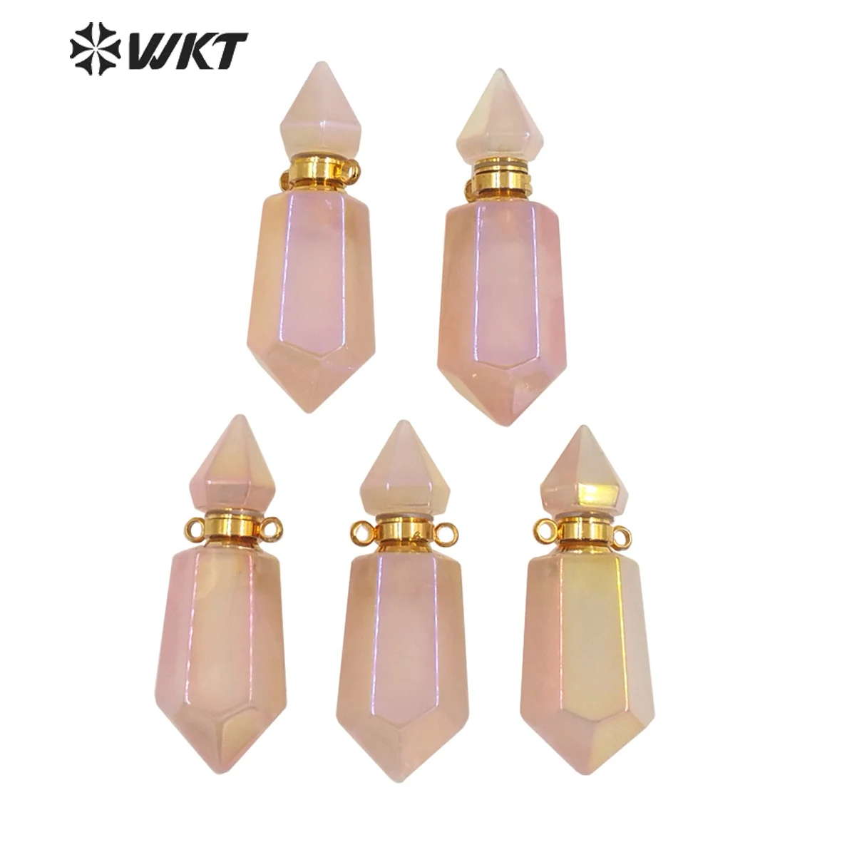 

WT-P1650 Gorgeous fashion double point pink stone perfume bottle pendant high flash spirit quartz Essencial oil necklace pendant