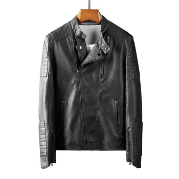 

New 2020 Casual Motorcycle Leather Jacket Men Fashion Street Lapel Solid Color Men Leather Jacket Zipper Leather Jacket Mens