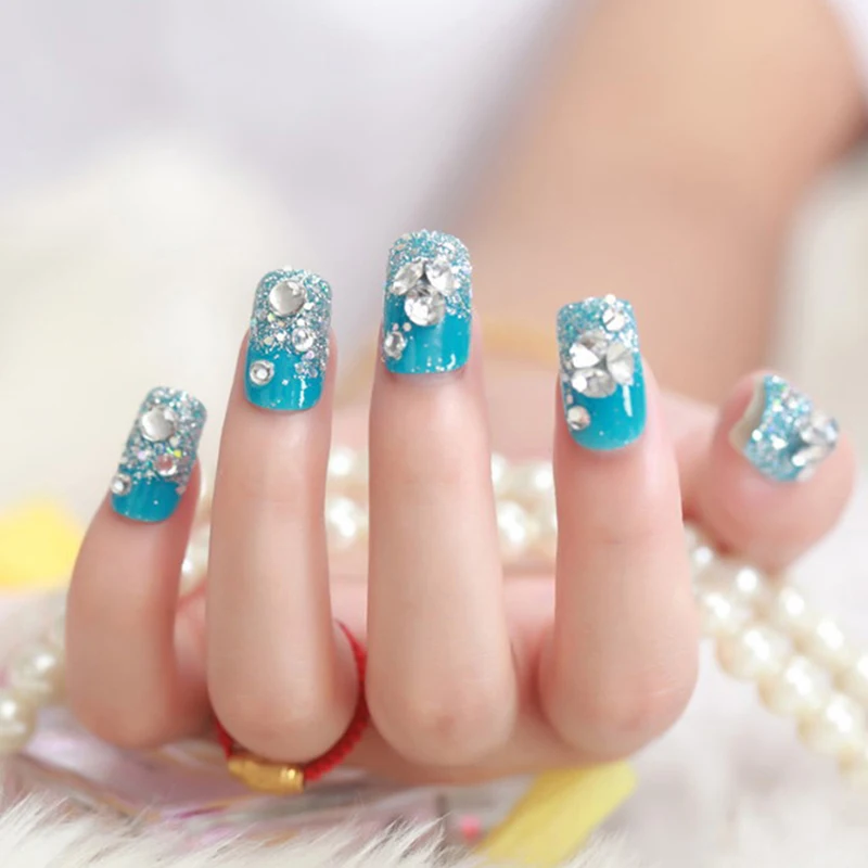 Elegant 24pcs/set Blue Color Glitter False Nails Simple Middle-long Size Lady Full Nail Tips Patch Nail Art Tool Bride Fake Nail